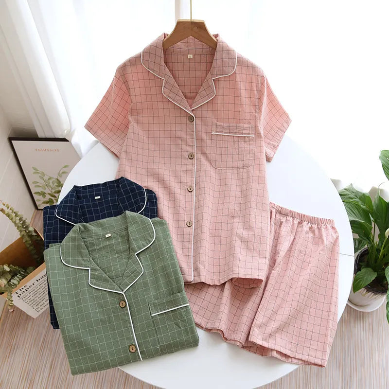 Plaid Gauze Short-Sleeve Shorts Pajama Set