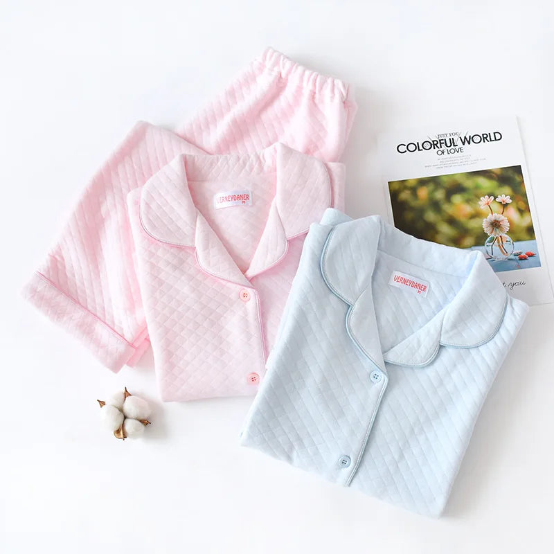 Thick Cotton Long Sleeve Pants Button-Up Pajama Set