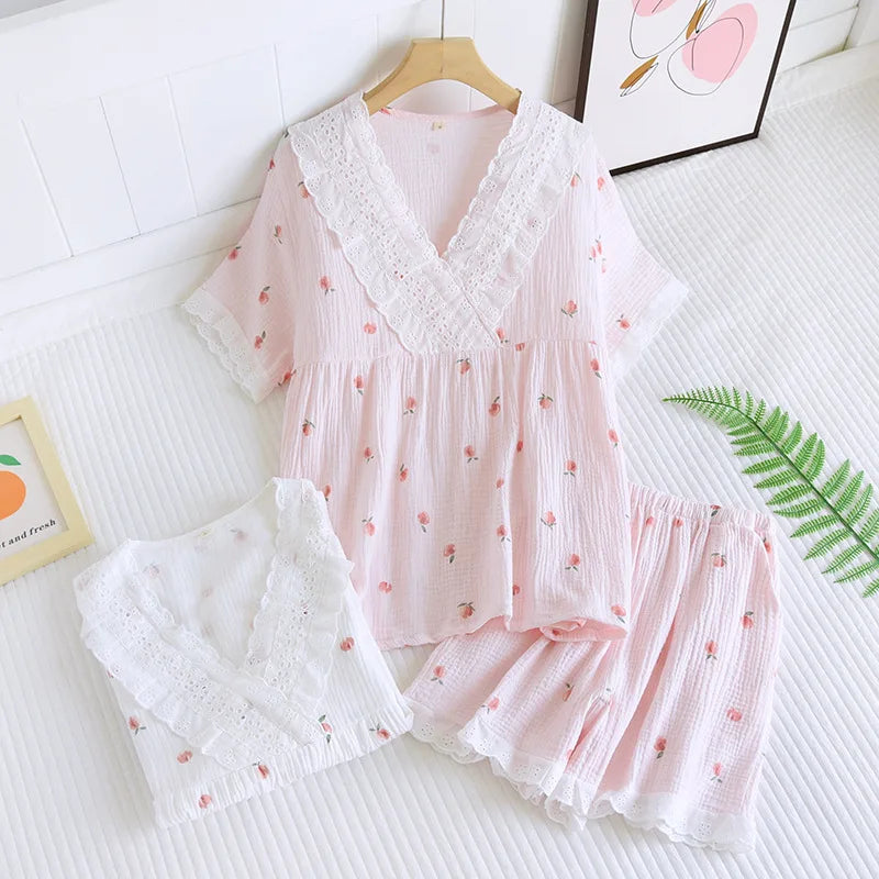 V-Neck Peachy Cotton Short-Sleeve Shorts Pajama Set