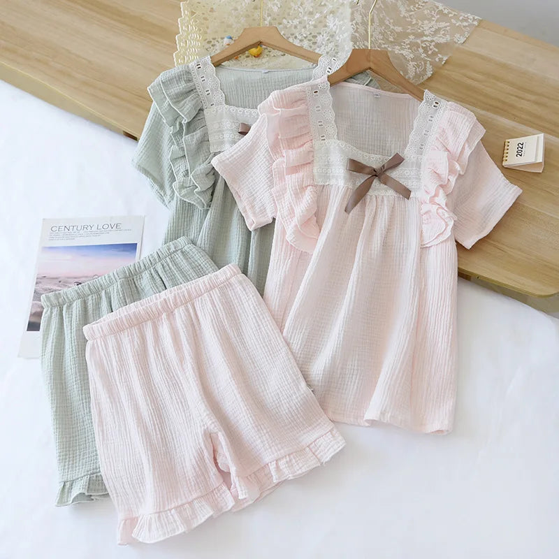 Cute Bow Tie Neck Cotton Short Sleeve Shorts Pajama Set