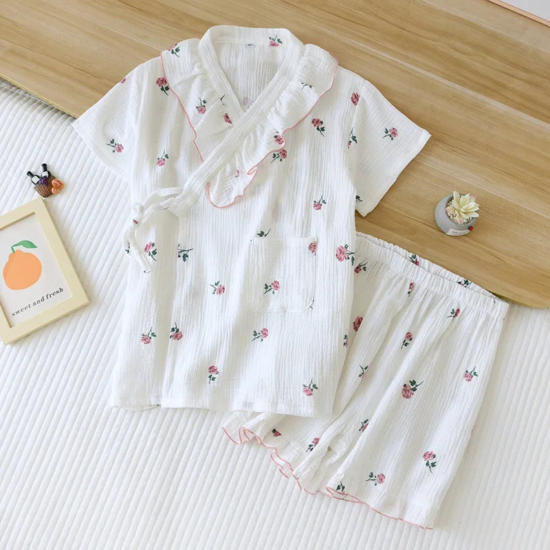 Sweet Lace Cotton Short Sleeve Shorts Pajama Set