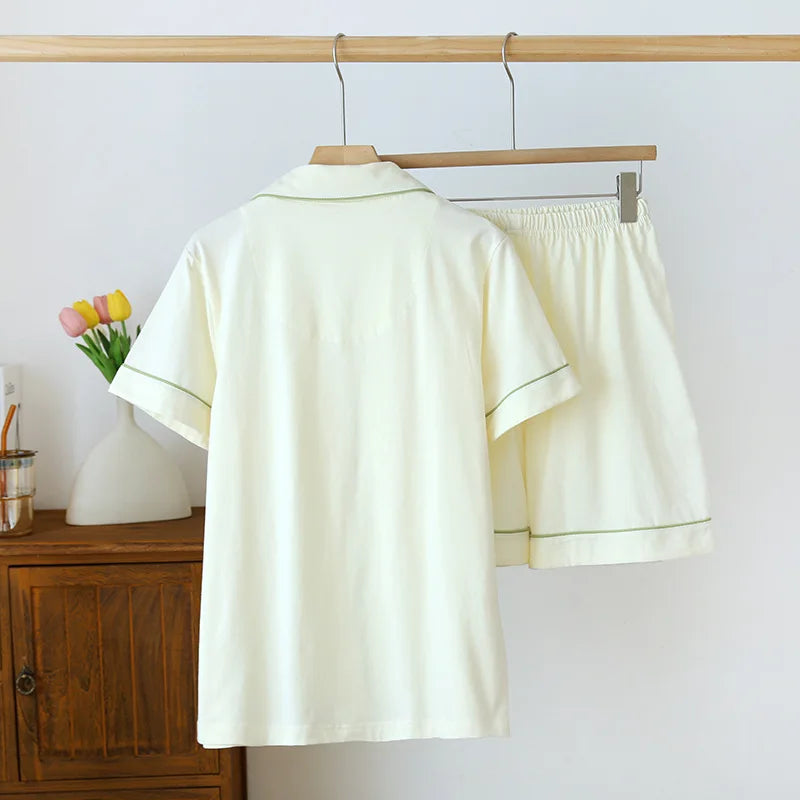 Soft Knitted Cotton Short-Sleeve Shorts Pajama Set