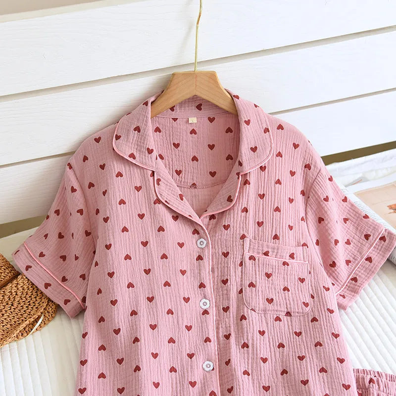 Moonlight Hearts Cotton Short Sleeve Shorts Pajama Set