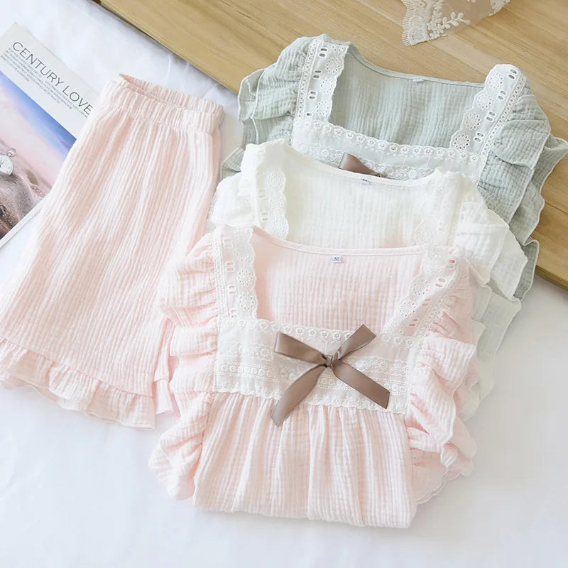 Cute Bow Tie Neck Cotton Short Sleeve Shorts Pajama Set
