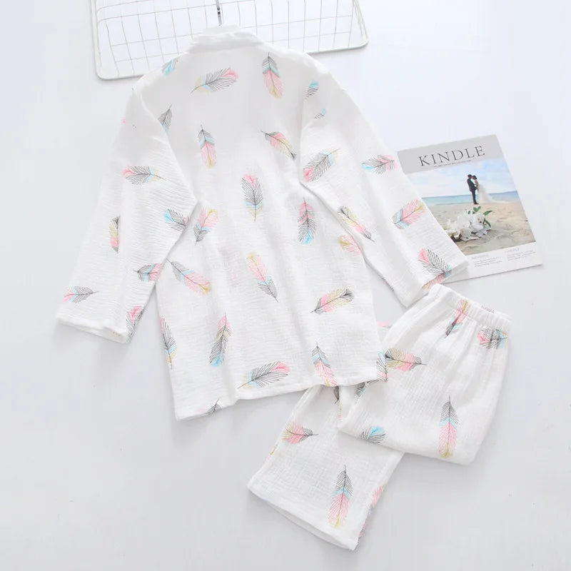 Feathered Dreams Kimono-style Cotton Long Sleeve Pants Pajama Set