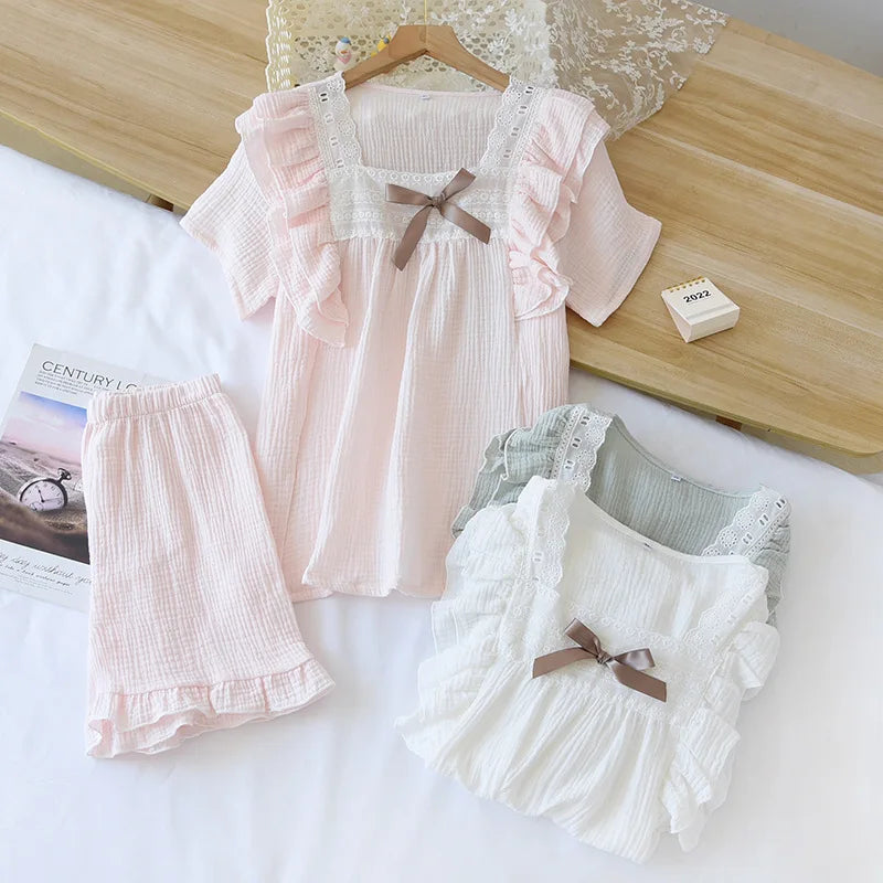 Cute Bow Tie Neck Cotton Short Sleeve Shorts Pajama Set
