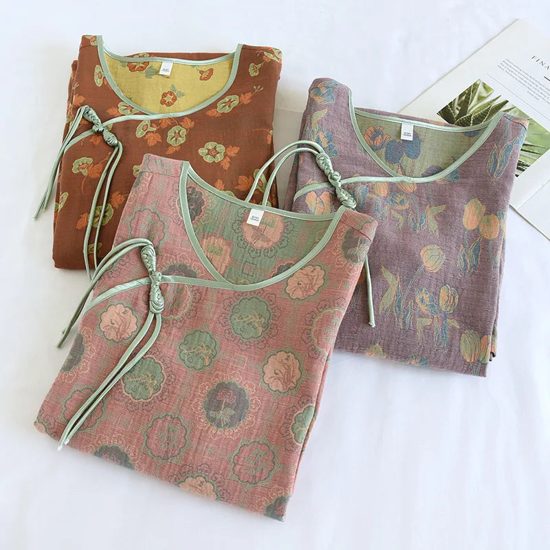 Mandarin Gown Cotton Jacquard Nightgown