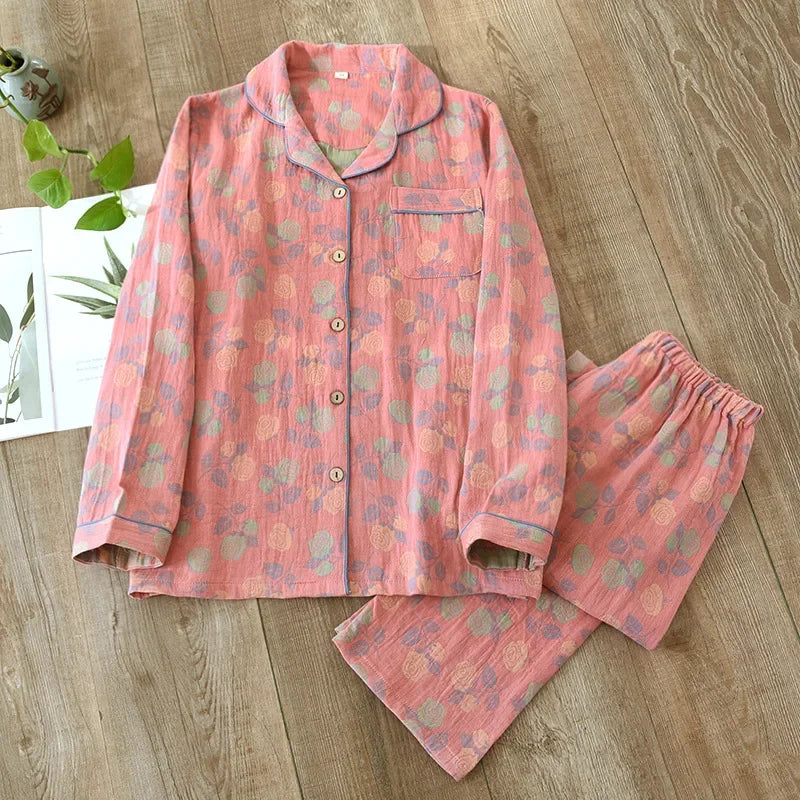 Rose-Inspired Cotton Long Sleeve Pants Pajama Set