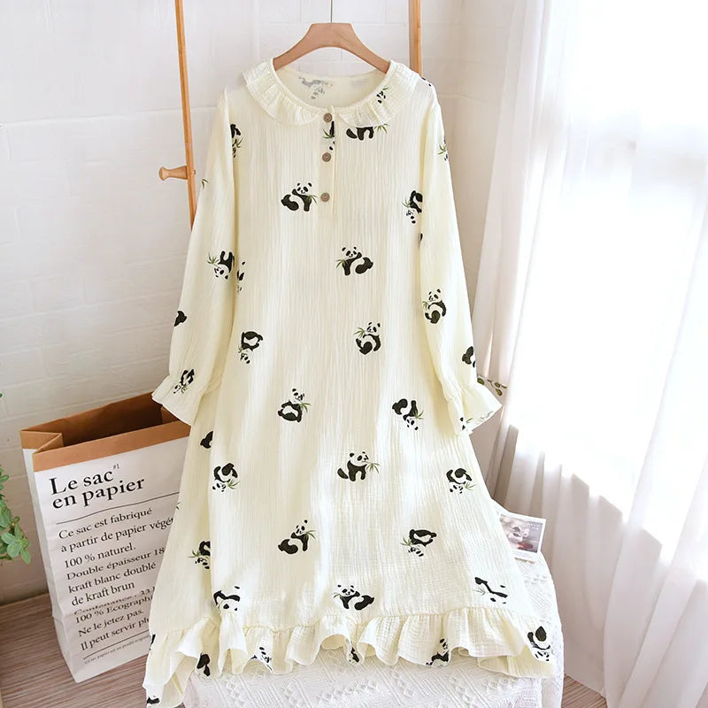 Cute Panda White Cotton Nightgown