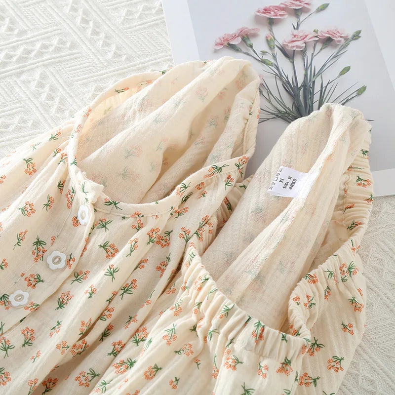Delicate Floral Cotton Long Sleeve Pants Pajama Set