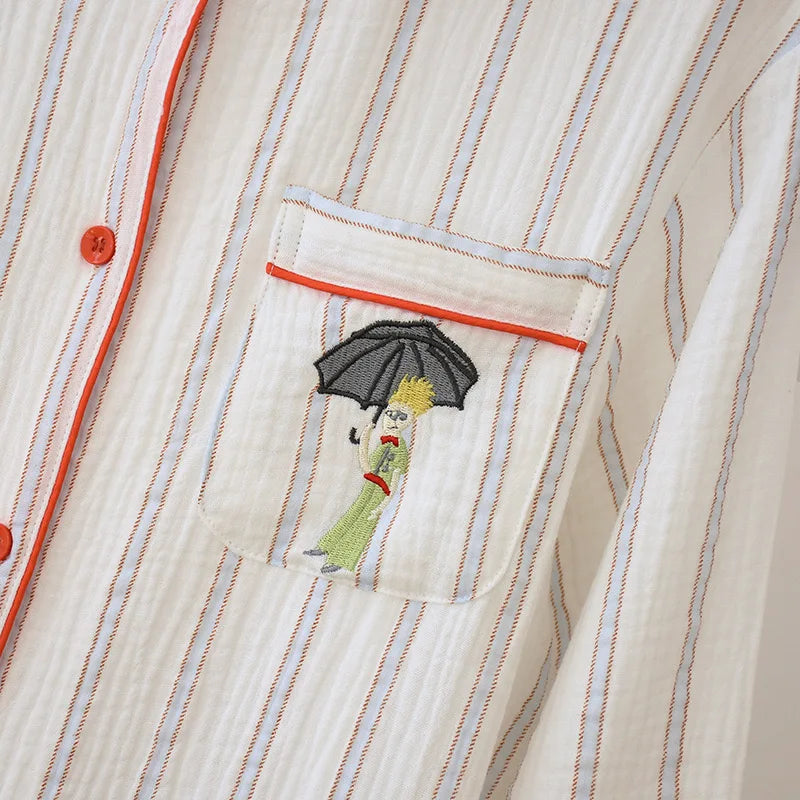 Embroidered Floral Cotton Long Sleeve Pants Pajama Set