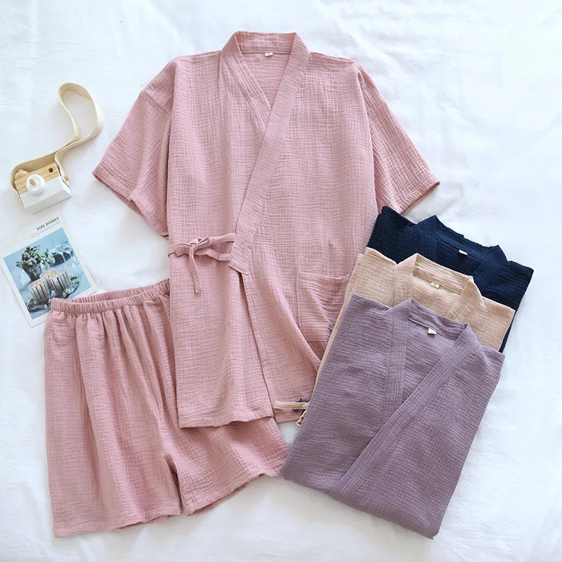Kimono-Inspired Cotton Short-Sleeve Shorts Pajama Set