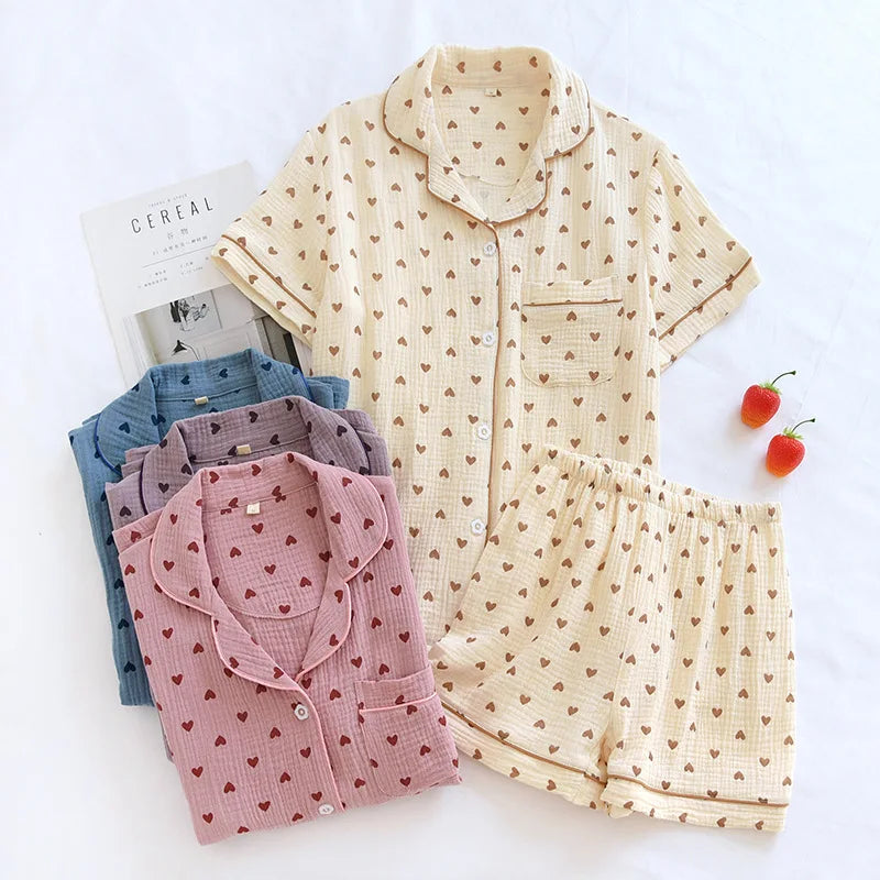Moonlight Hearts Cotton Short Sleeve Shorts Pajama Set