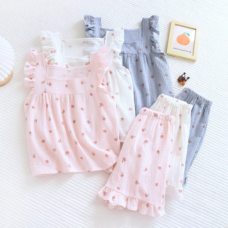Peachy Sleeveless Ruffle Cotton Shorts Pajama Set