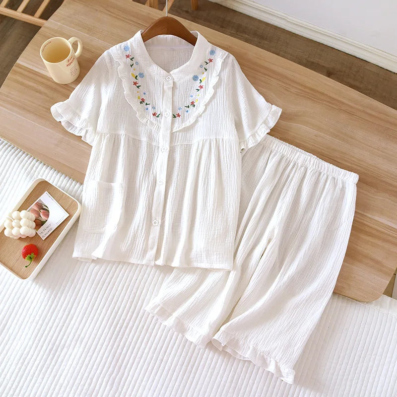 Embroidered Round-Neck Cotton Short-Sleeve Capris Pajama Set