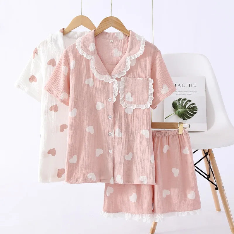 Heart Print Cotton Gauze Short Sleeve Pajama Set