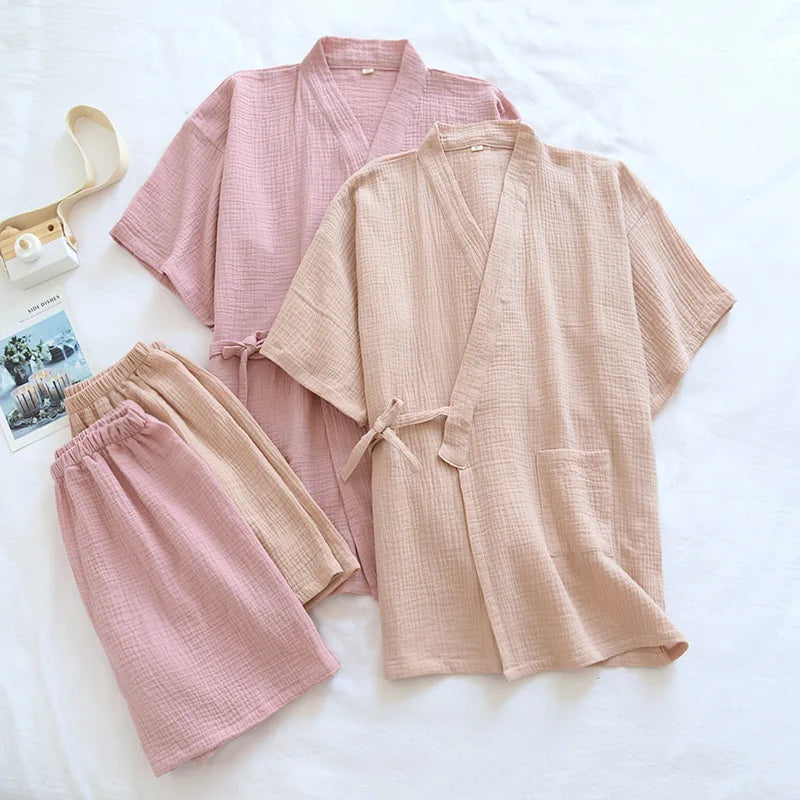 Kimono-Inspired Cotton Short-Sleeve Shorts Pajama Set