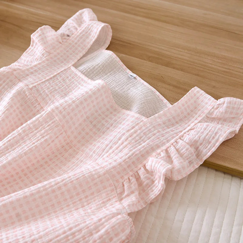 Checkered Cotton Ruffle Sleeve Loungewear Set