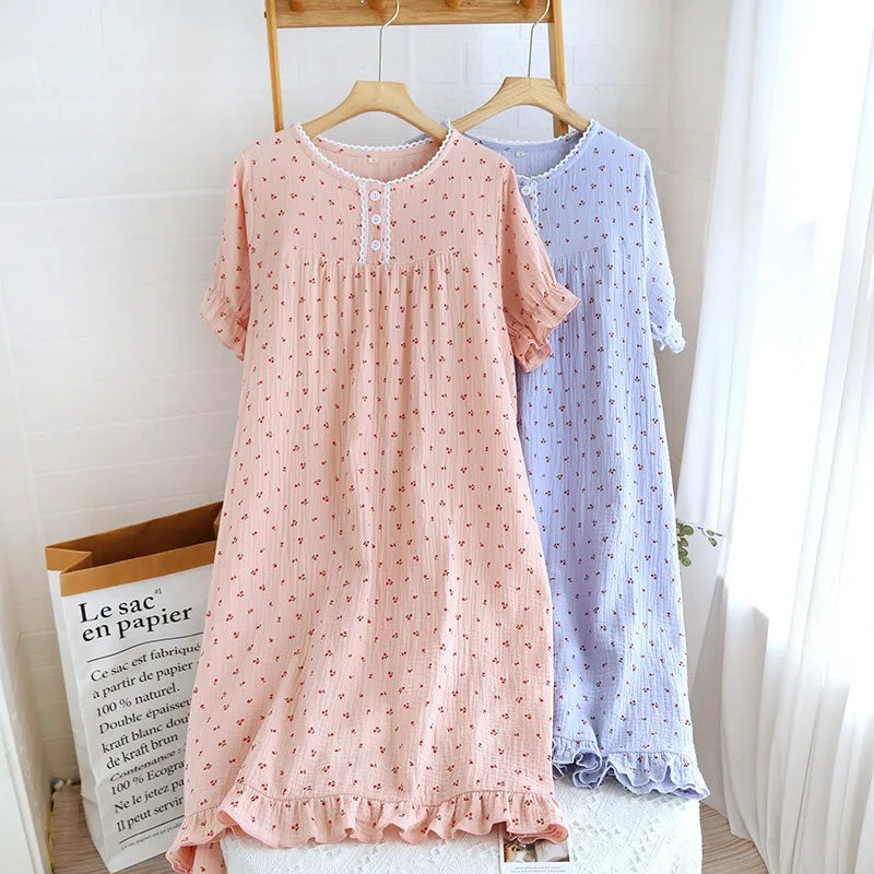 Cherry Dreams Lace Cotton Long Nightgown