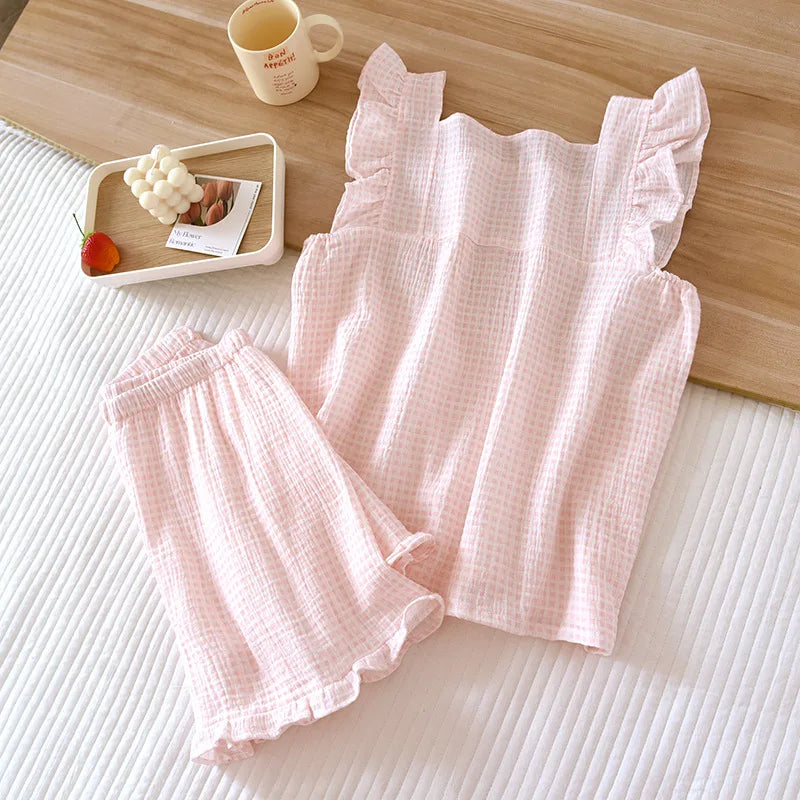 Checkered Cotton Ruffle Sleeve Loungewear Set