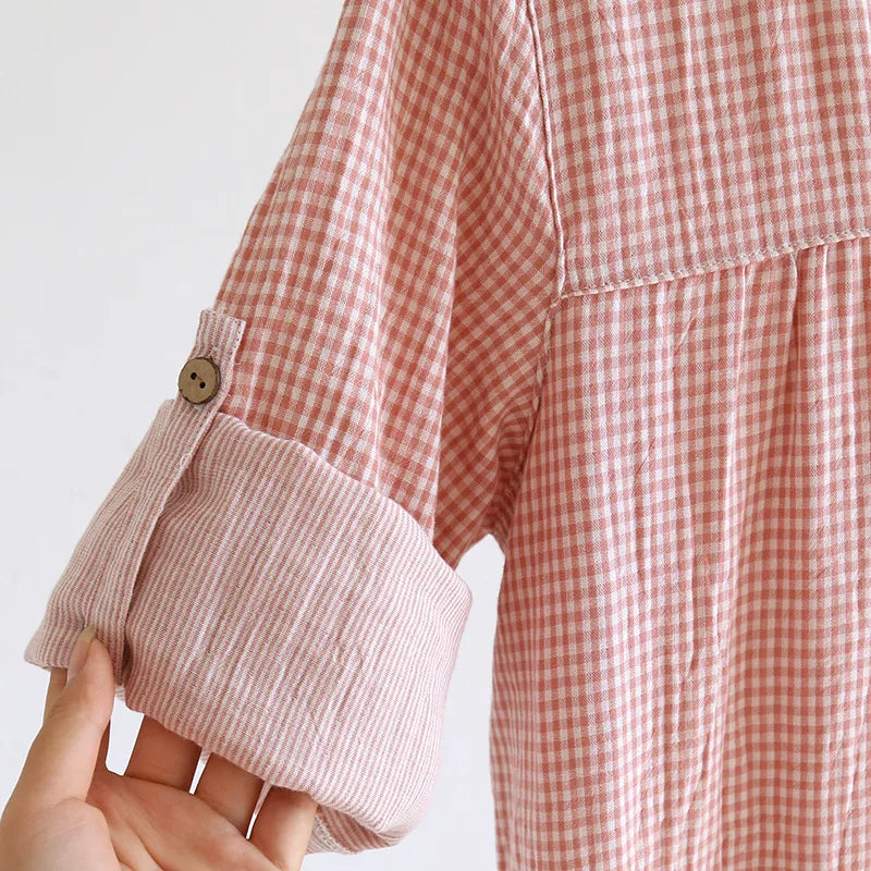Simple Plaid Cotton Gauze Long-Sleeve Nightgown