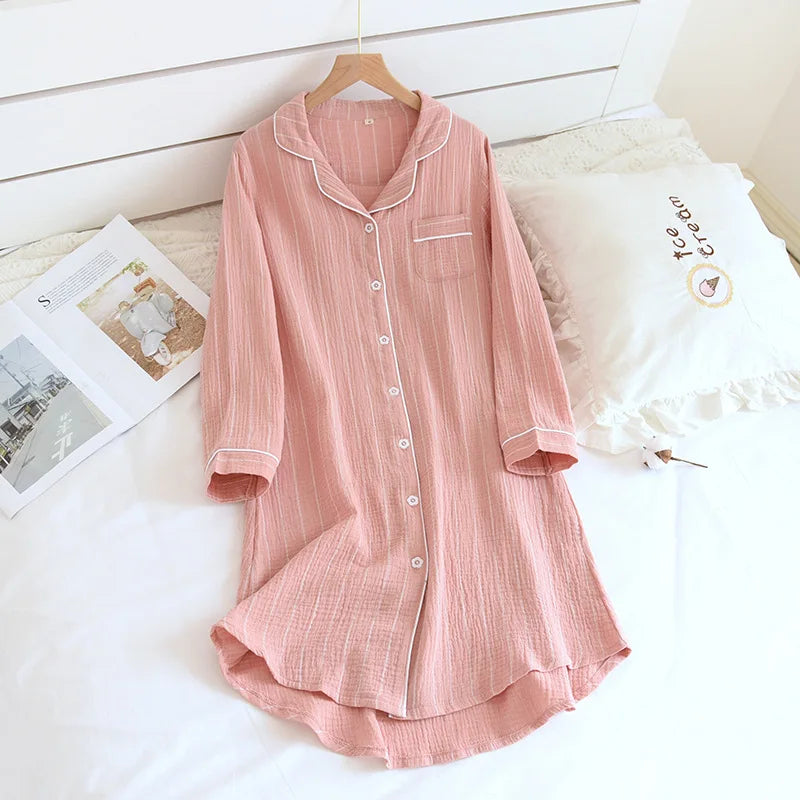 Striped Button Up Cotton Nightgown