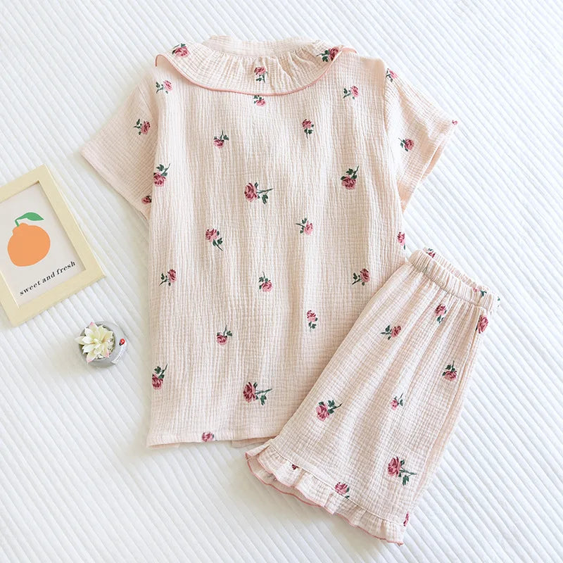 Sweet Lace Cotton Short Sleeve Shorts Pajama Set