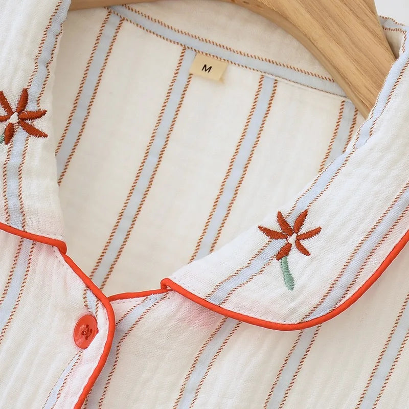 Embroidered Floral Cotton Long Sleeve Pants Pajama Set