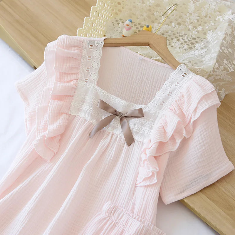 Cute Bow Tie Neck Cotton Short Sleeve Shorts Pajama Set