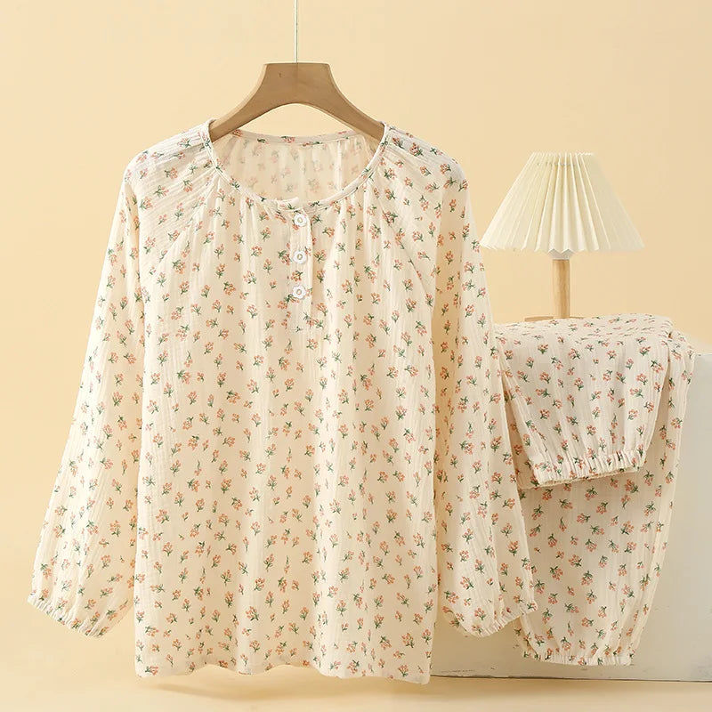 Delicate Floral Cotton Long Sleeve Pants Pajama Set