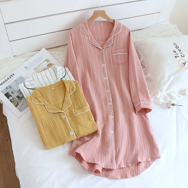 Cozy Striped Button-Up Cotton Nightgown