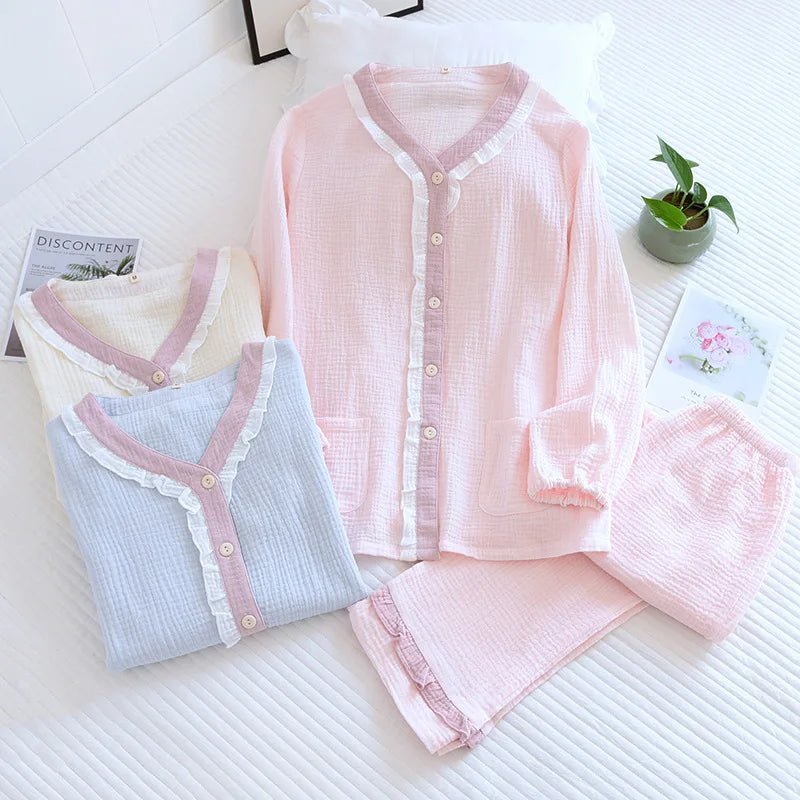 Pastel Cotton Long Sleeve Pants Pajama Set