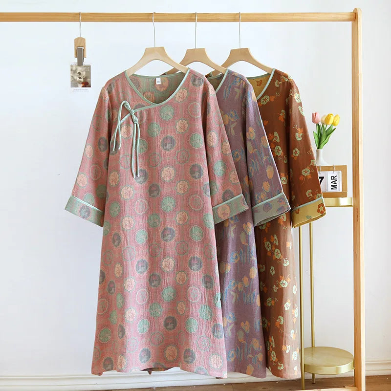 Mandarin Gown Cotton Jacquard Nightgown