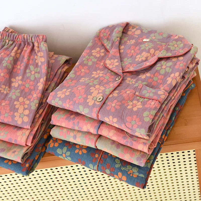 Vibrant Floral Cotton Jacquard Long Sleeve Pants Pajama Set