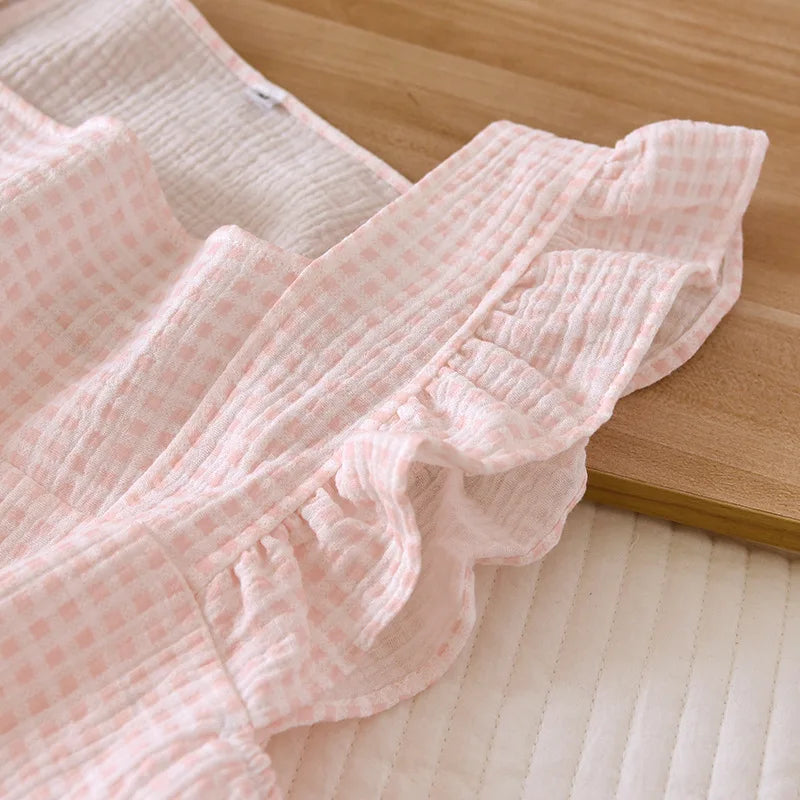Checkered Cotton Ruffle Sleeve Loungewear Set