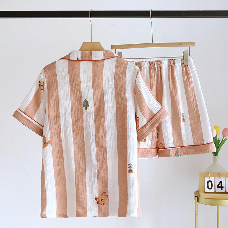 Striped Cotton Short Sleeve Shorts Pajama Set