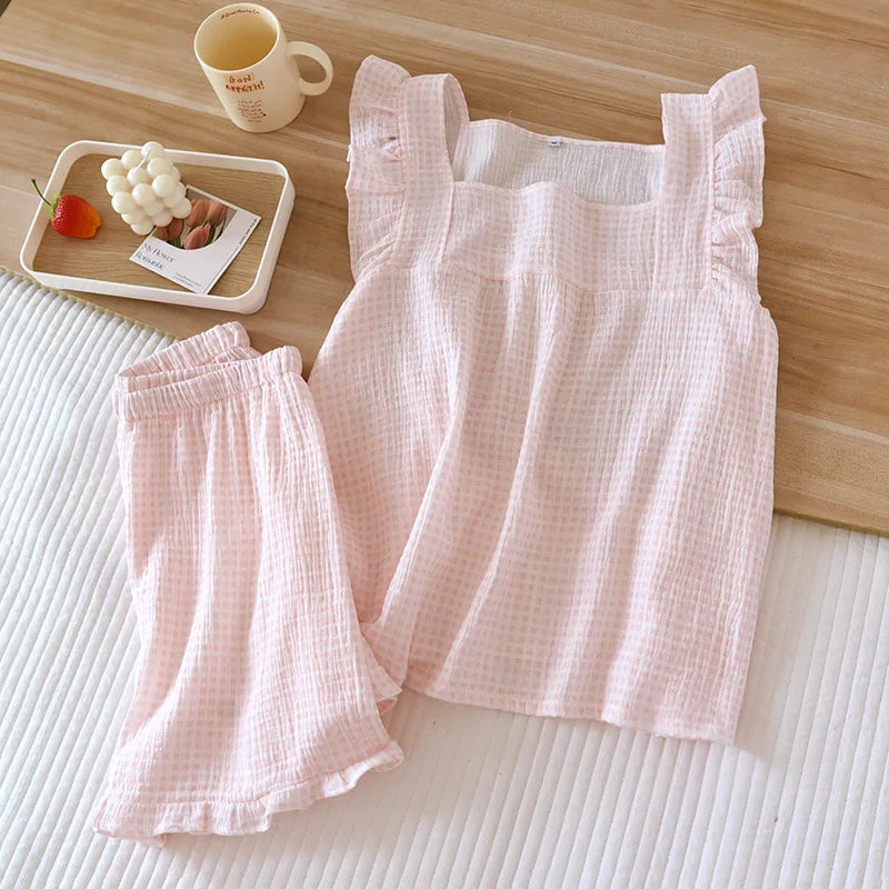 Checkered Cotton Ruffle Sleeve Loungewear Set