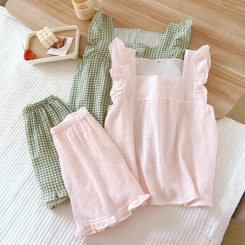 Checkered Cotton Ruffle Sleeve Loungewear Set