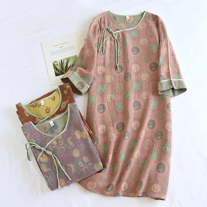 Mandarin Gown Cotton Jacquard Nightgown