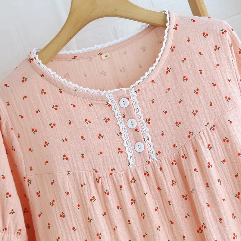 Cherry Dreams Lace Cotton Long Nightgown