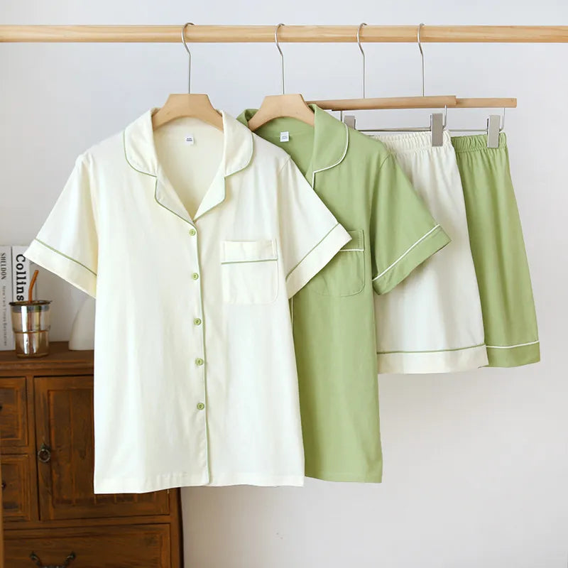 Soft Knitted Cotton Short-Sleeve Shorts Pajama Set