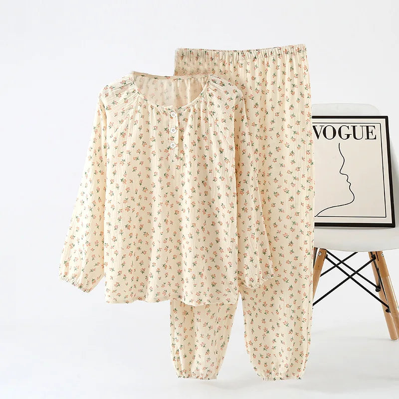 Delicate Floral Cotton Long Sleeve Pants Pajama Set