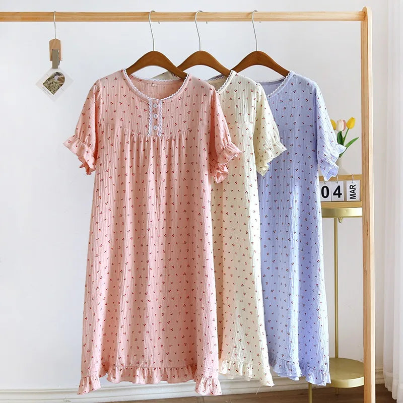 Cherry Dreams Lace Cotton Long Nightgown
