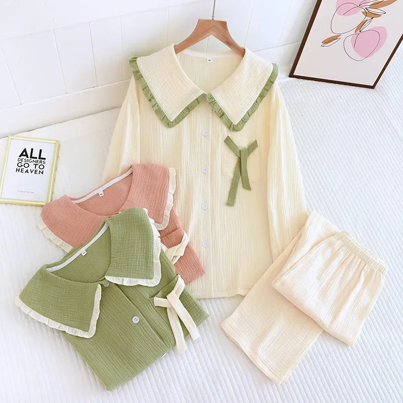 Puritan Collar Cotton Long Sleeve Pants Pajama Set