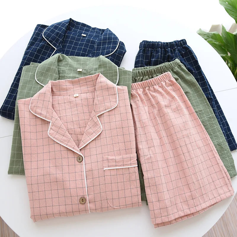 Plaid Gauze Short-Sleeve Shorts Pajama Set