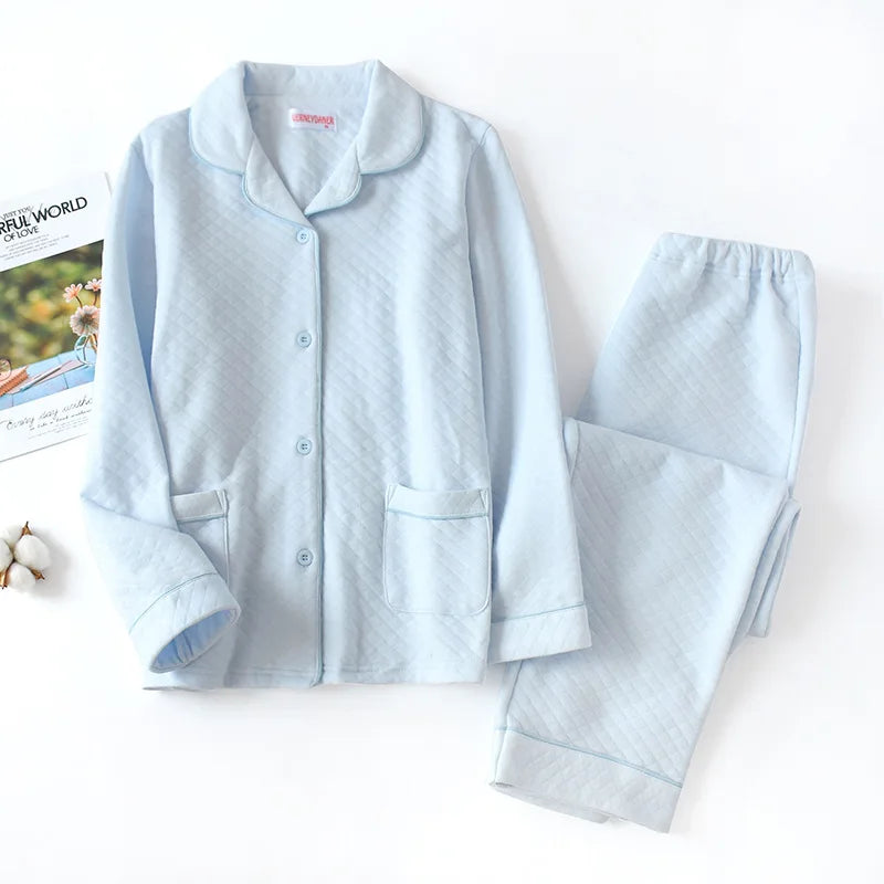 Thick Cotton Long Sleeve Pants Button-Up Pajama Set