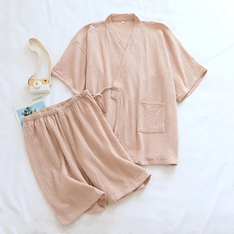 Kimono-Inspired Cotton Short-Sleeve Shorts Pajama Set