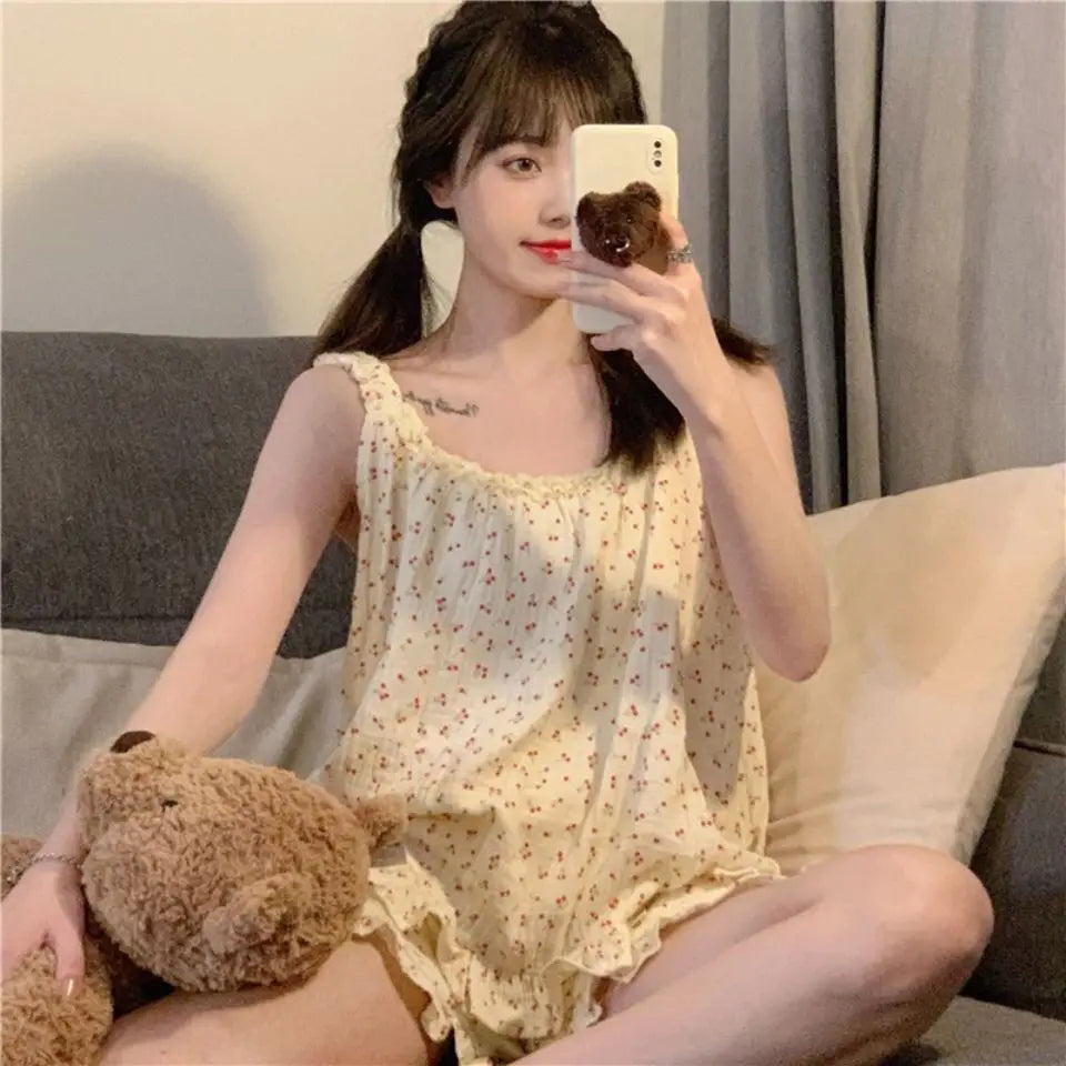 Cherry Cotton Spaghetti Strap Shorts Pajama Set
