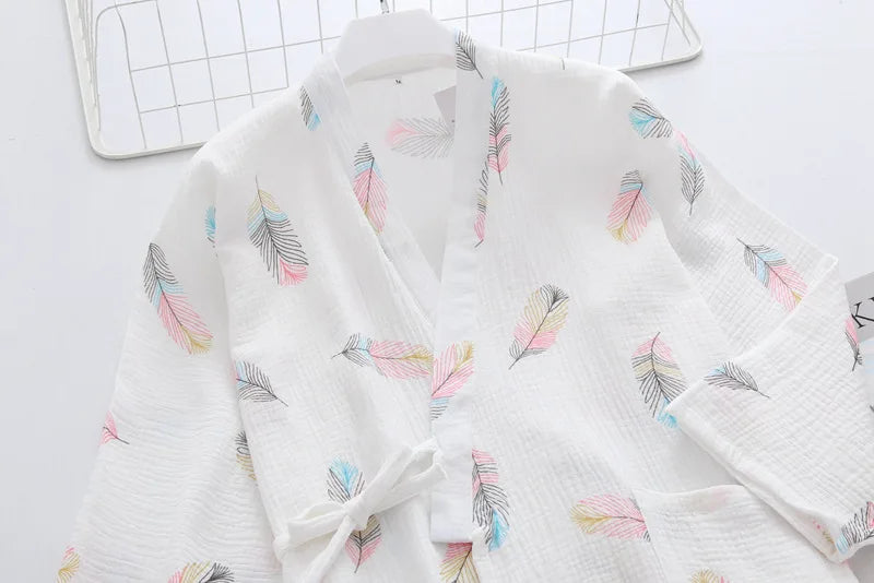 Feathered Dreams Kimono-style Cotton Long Sleeve Pants Pajama Set