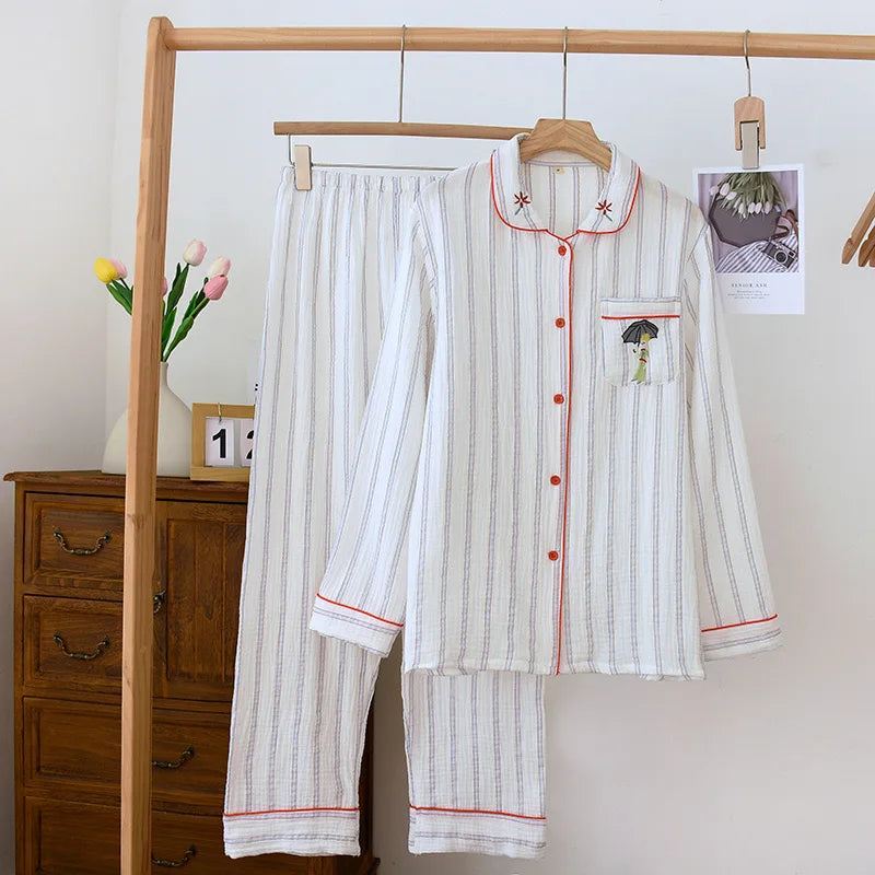 Embroidered Floral Cotton Long Sleeve Pants Pajama Set